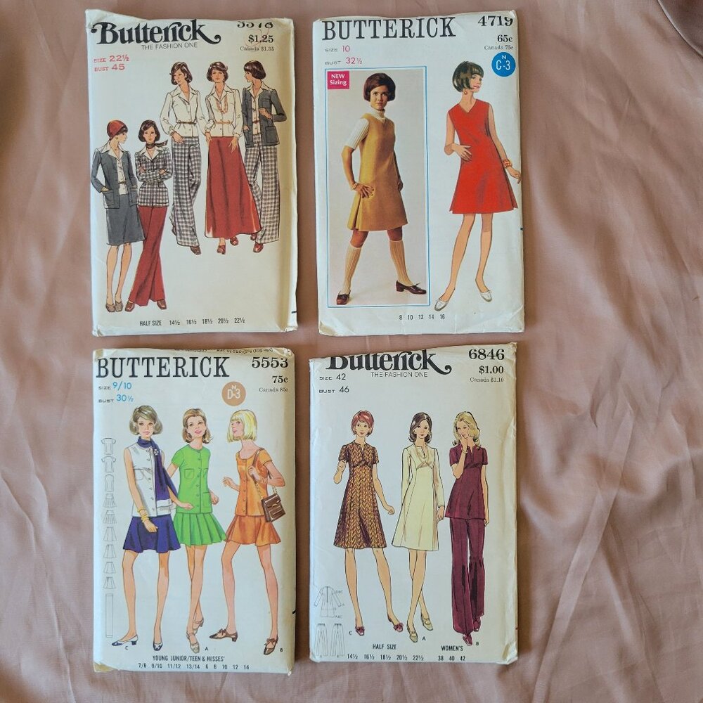 Vintage 60’s & 70’s Butterick Sewing Patterns Lot of 4.  Jr./Teen/Miss Dresses,